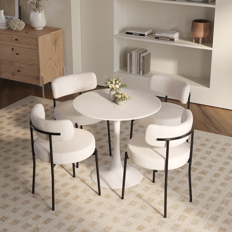 5 Pieces 31.5-Inch round dining table set for 4 and 4 pieces Upholstered Chairs for Four Person, MDF Table-top - White