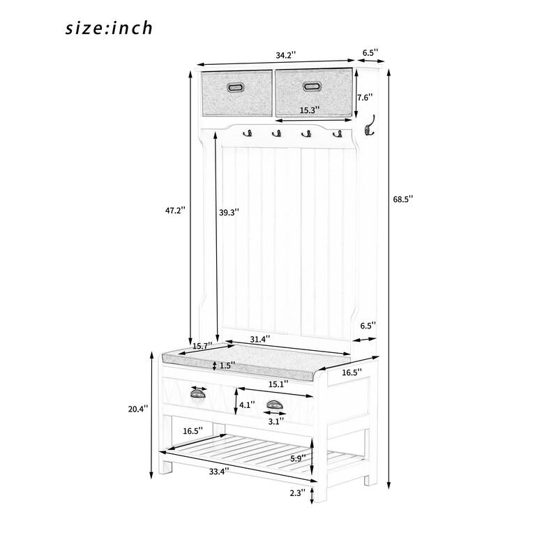 3-in-1 Hall Tree with 6 Hooks, Hinged Lid, Entryway Coat Hanger and Storage Bench