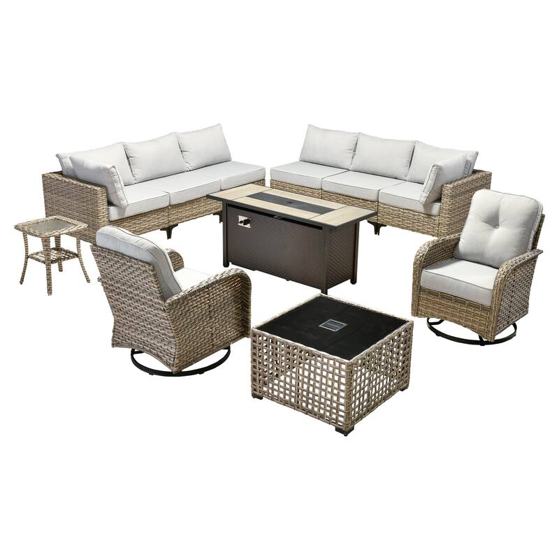 OVIOS 11 Pieces Outdoor Wicker Swivel Chair Set With Fire Table
