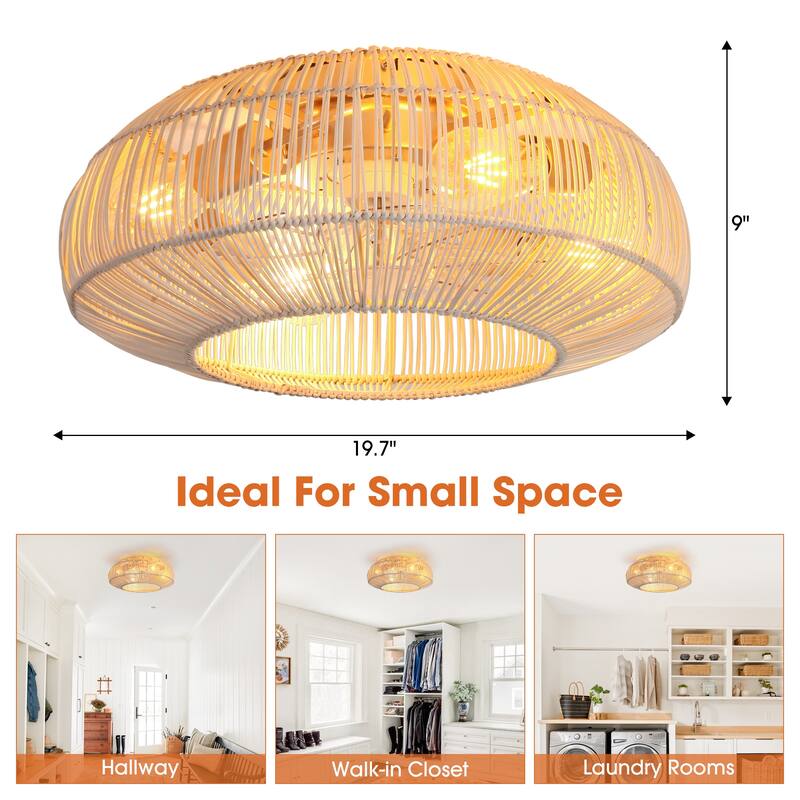 20-in Coastal Weave Rattan Gold Flush Mount Caged Ceiling Fan with Remote