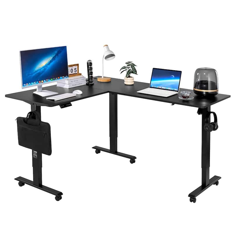 Black Particleboard Adjustable L Shaped Desk Table with USB Ports and Outlets
