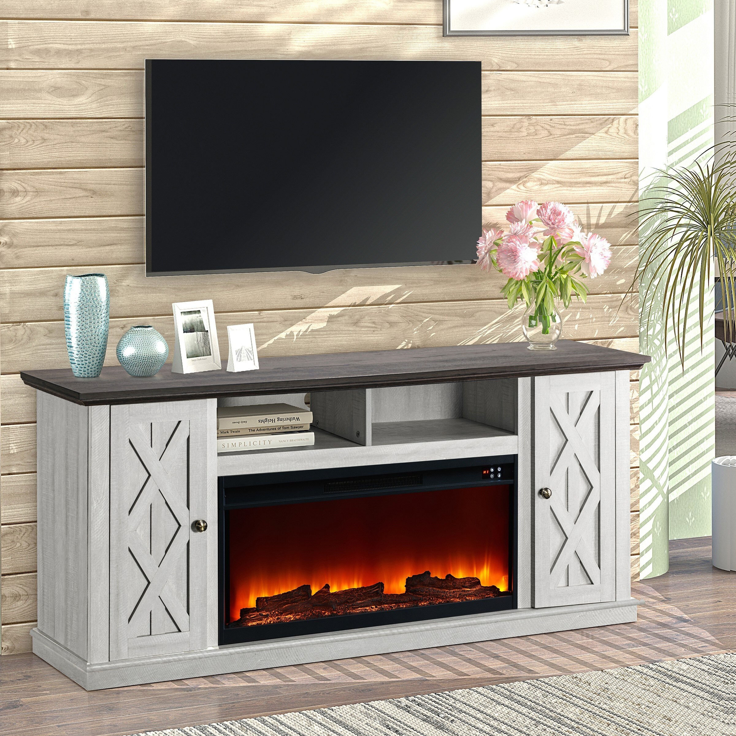 68 in. TV Stand Console for TVS Up to 75 in. with Fireplace 68 Inches in Width Off White