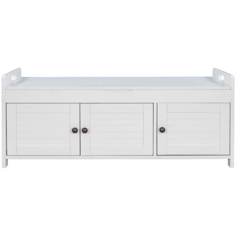 Storage Shoes Bench with 3 Shutter-shaped Doors and Removable Cushion
