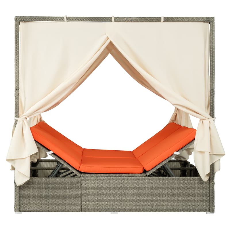 Outdoor Rattan Canopy Daybed Sunbed with Curtain & Adjustable Seat