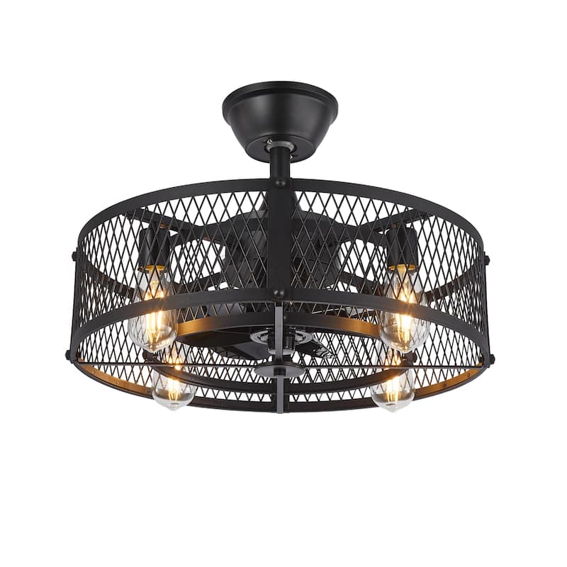20-26" Caged outdoor Ceiling Fan with Light: Remote App Control-Farmhouse Fandelier Flush Mount Fixture Reversible 6 Speed Timer - Black - 20in