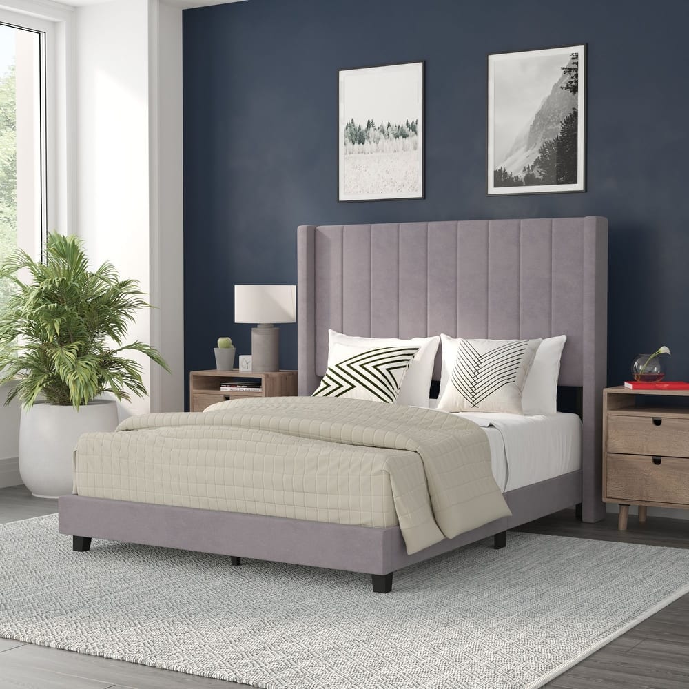 Upholstered Platform Bed with Wingback Headboard