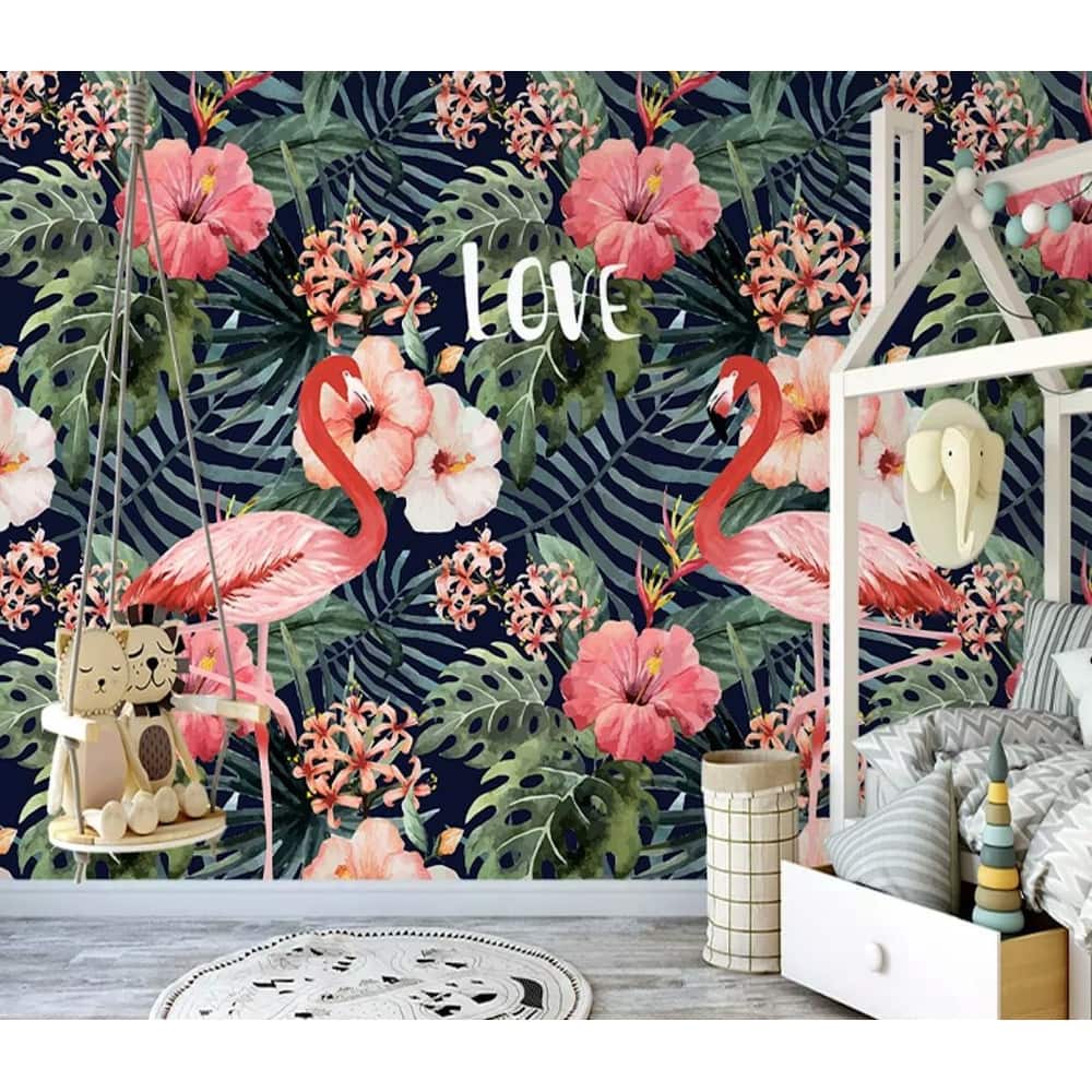GK Wall Design Flamingo Vintage Leaf Mirabilis Flower Tropical Removable Wallpaper