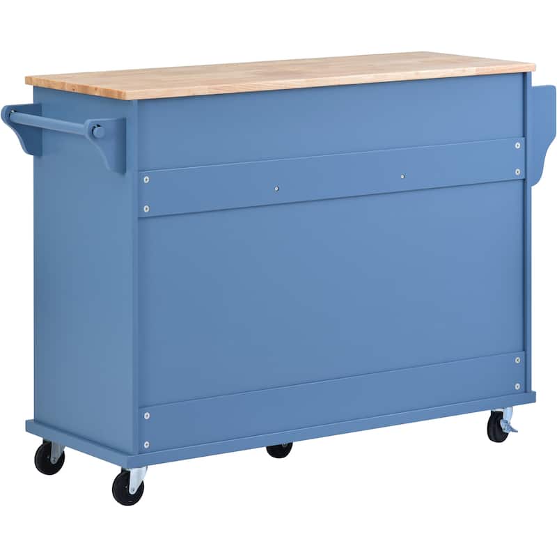 Kitchen Island with on Locking Wheels, Rolling Cart with Rubber Wood Desktop, Mobile Island with 3 Open Shelves & 5 Drawers