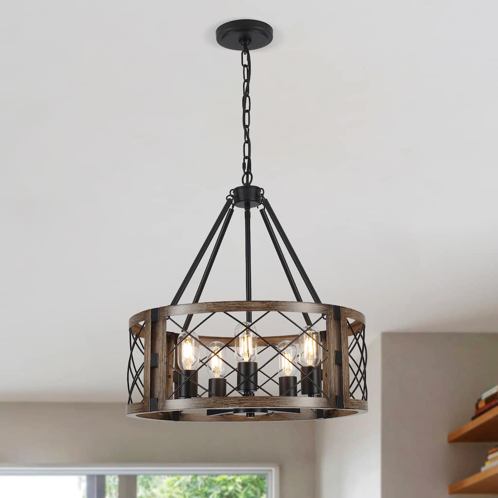 Farmhouse 5-Light Caged Metal Chandelier Adjustable Pendant Light for Kitchen Dining Room