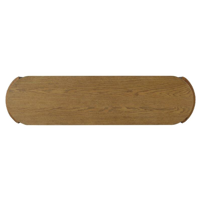 Entryway Table With Natural Wood Grain Finish, Console Table With Fluted Design,Oval Top And 2 Drawers
