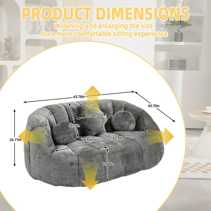 Gray 63.78" Chenille Lounge Chair with Foam Filling and Pillows