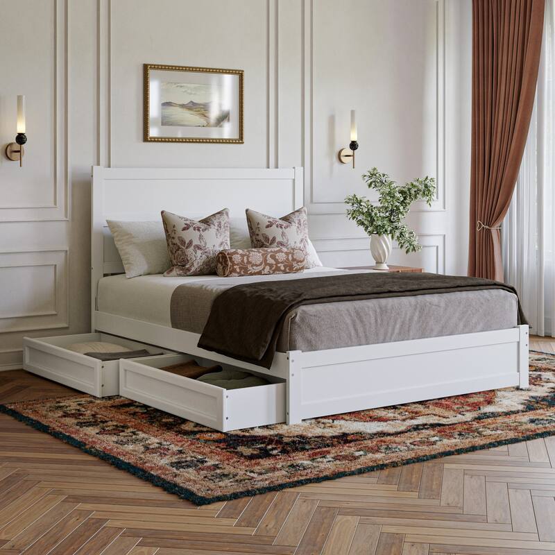 Aveline Wood Platform Bed with Matching Footboard & Storage Drawers - Queen - White