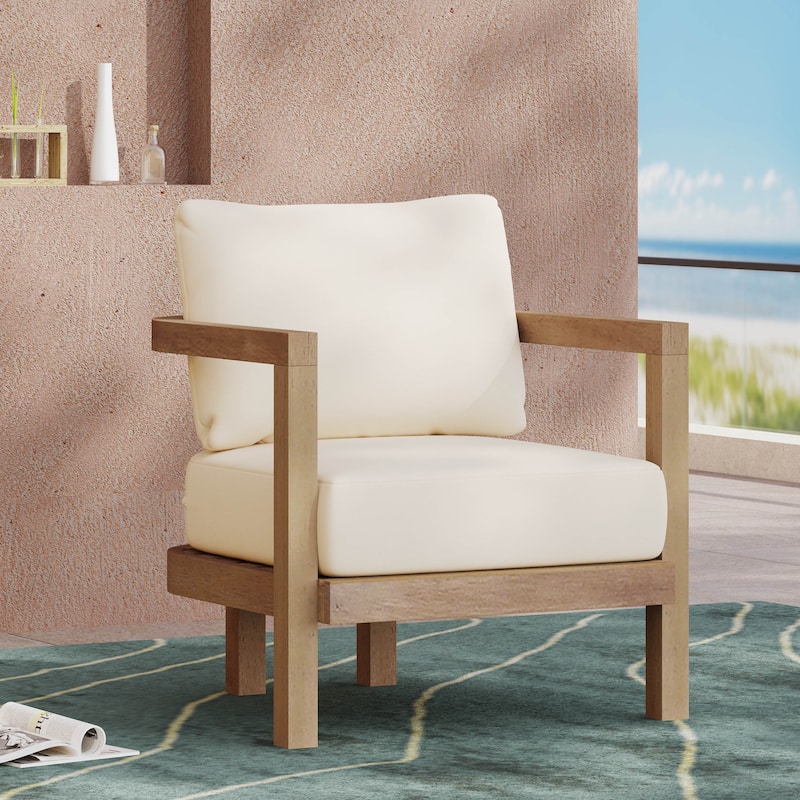Roomfitters Outdoor Acacia Wood Patio Club Chair, Waterproof Cushions, Wash Finish with Beige Cushions