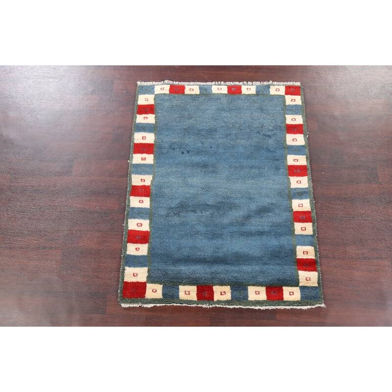 Hand Knotted Oriental 100% Wool Carpet Modern Bordered Navy Blue & Blues Gabbeh Area Rug - 5' 0'' X 3' 11''