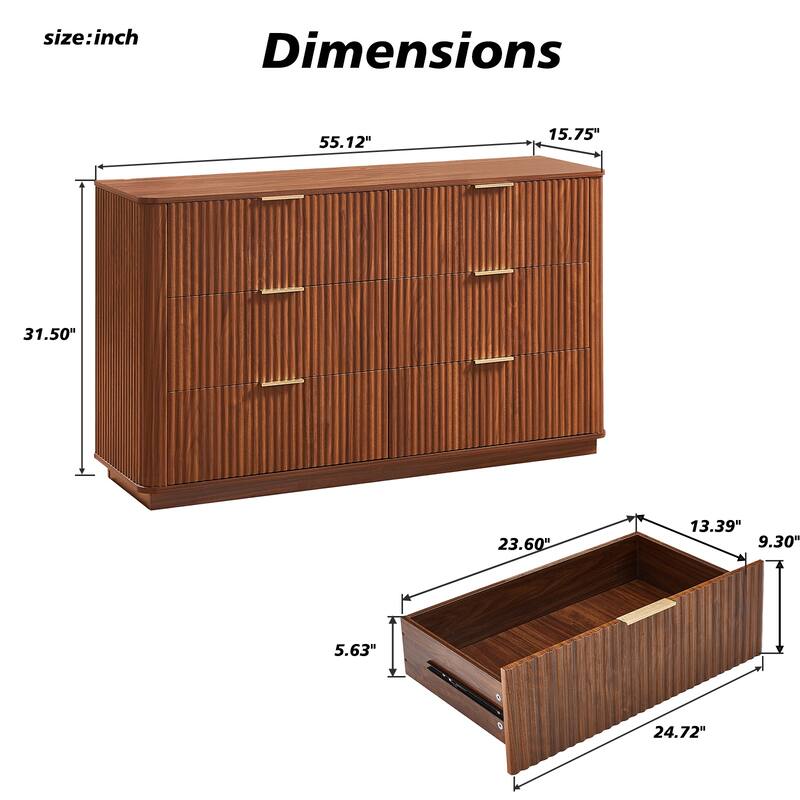 6 Drawers Dresser,55" Wide Modern Chest Of Drawers Curved Wave Design, Dresser Tv Stand, Wood Drawer Organizer
