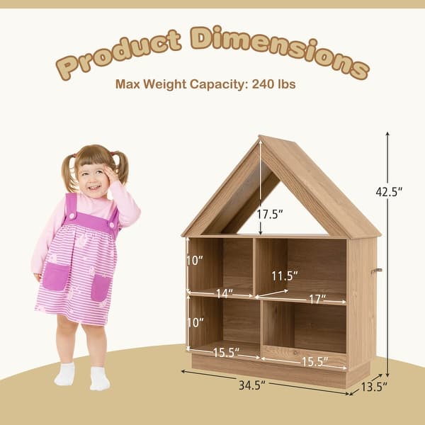 dimension image slide 1 of 2, Costway Wooden Kids Dollhouse Bookshelf with Open Shelves - See Details