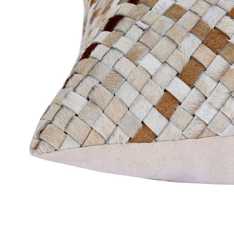 Sevita Ivory/Brown Weaved Faux Leather Lumbar Pillow