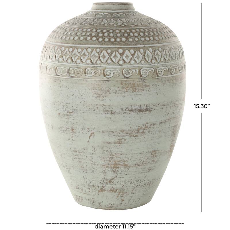 Ceramic Handmade Antique Style Decorative Vase with Geometric Tribal Carvings - Green - Roche River Decor