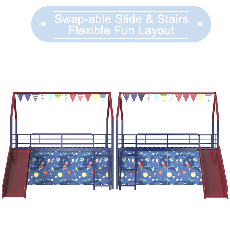 Kids' Twin Loft Bed with Slide, Safety Guardrails, and Superhero Color Options