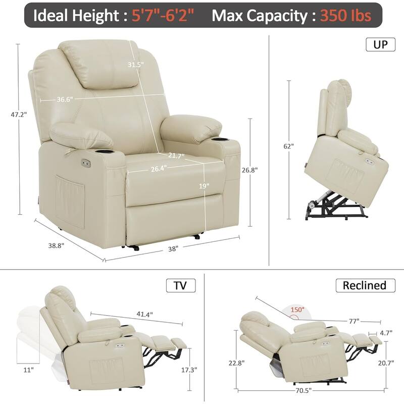 MCombo Large-Wide Power Lift Recliner Chair Sofa with Massage and Heat for Elderly People, Faux Leather R7510