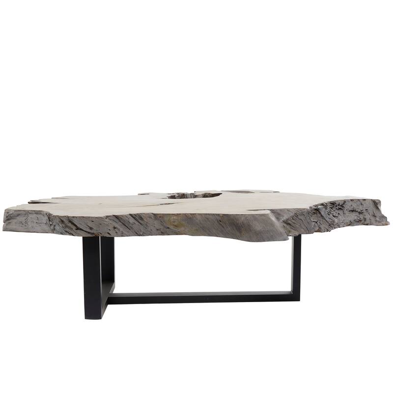 Gray Teak Wood Handmade Live Edge Wood Slab Living Room Coffee Table with Black T Stand Base