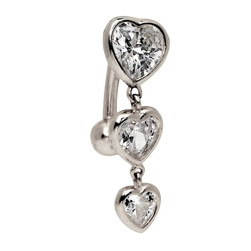 Curata Solid 14k Yellow or White Gold Graduated Heart Cubic Zirconia Top Mount Belly Button Ring Dangle (7mm x 24mm)