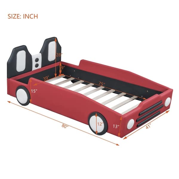 Twin Size Race Car-Shaped Platform Bed with Wheels for Kids, PU Leather Wooden Bed w/Wood Slat Support, No Box Spring Needed Red