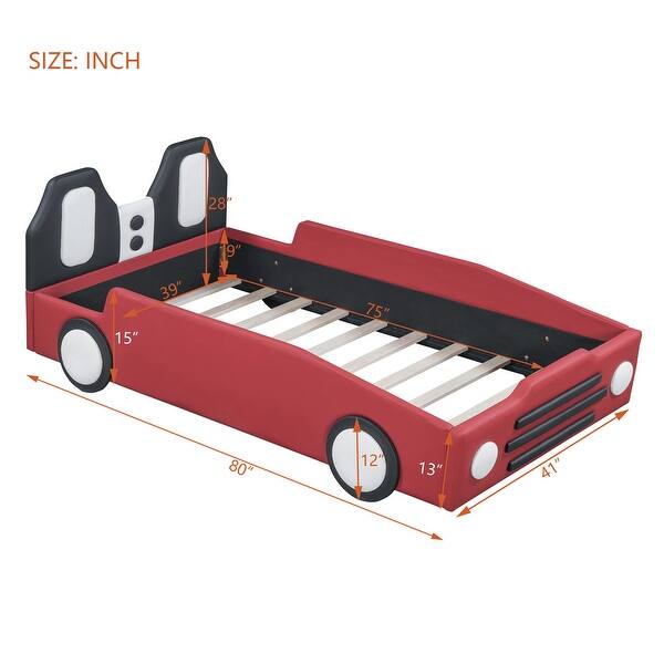 Wooden Twin Size Race Car-Shaped Platform Bed with Wheels, PU Leather Bed with Support Slat for Bedroom, Red
