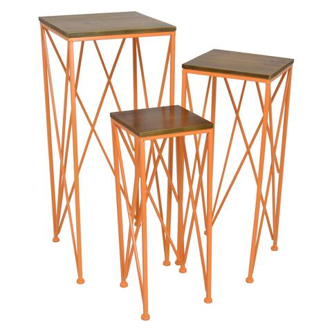 Plutus Brands Metal/wood Plant Stand in Orange Metal Set of 3