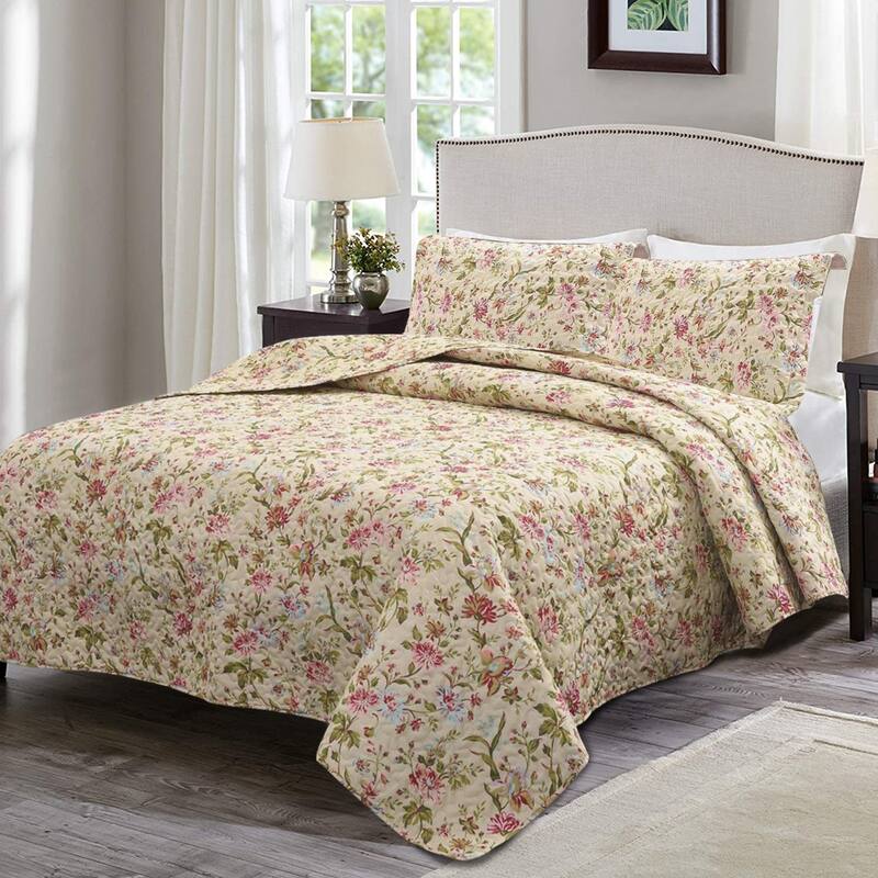 3 Piece Retro Printed Reversible Quilt Set - Vintage Floral - King