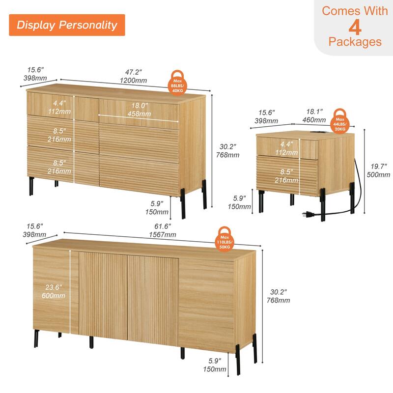 WAMPAT 4-Piece Bedroom Furniture Set, 47" Fluted 6 Drawer Dresser, 61" Buffet Sideboard, 2 Nightstand with Charging Station, Oak