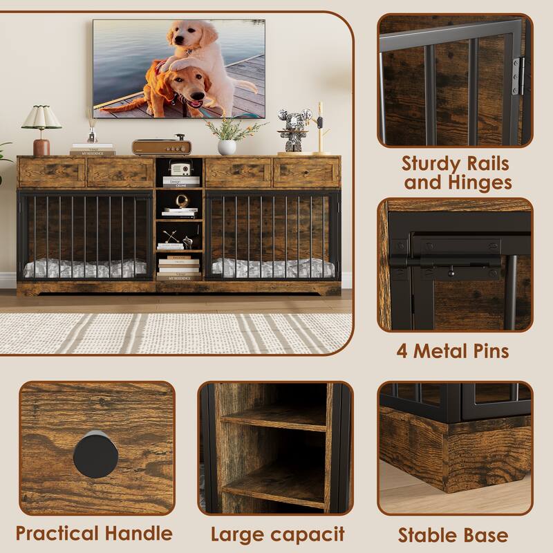 Double Dog Crate Furniture, Large Wooden Dog House with 4 Drawers