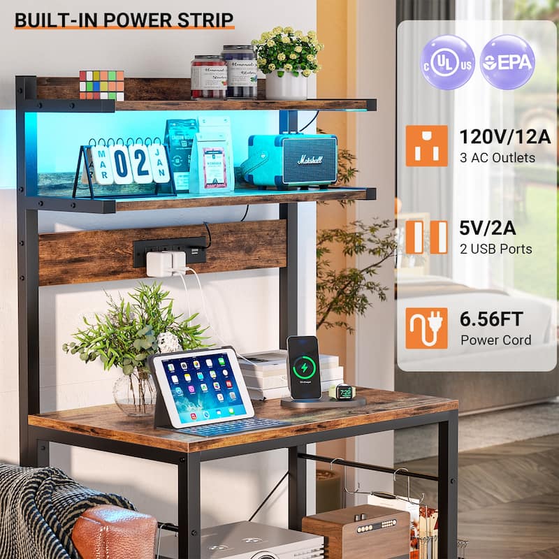 Bakers Rack Kitchen Storage Shelf with Power Outlets and RGB LED Lights,5 Tiers Coffee Bar Station,Microwave Stand