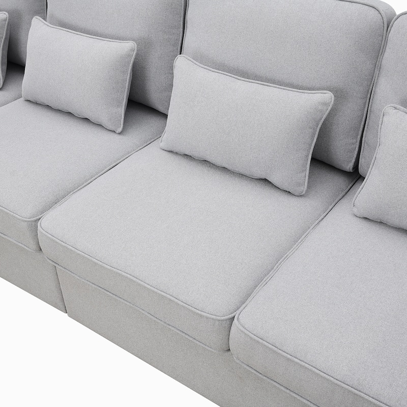 4-Seater Linen Fabric Sofa with Armrest Pockets and 4 Pillows