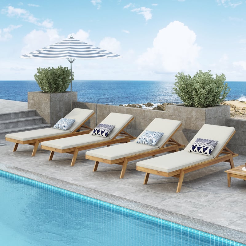 Caily Outdoor Acacia Wood Outdoor Chaise Lounge with Cushions by Christopher Knight Home - Teak + Cream