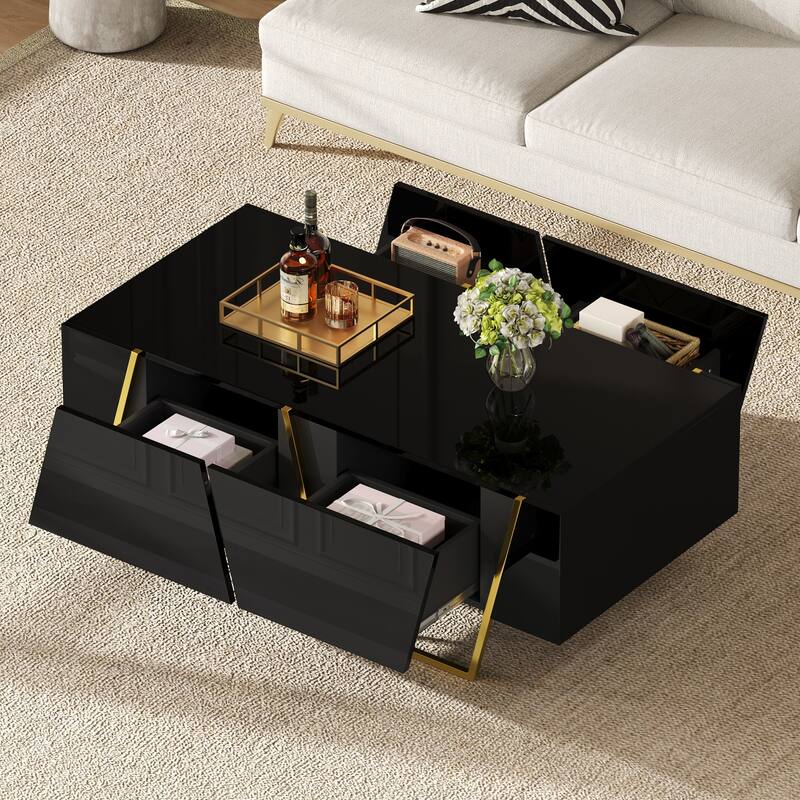 47.2" Modern Rectangular High Gloss Coffee Table for Living Room with Storage and Gold Base, 4 drawers, Black