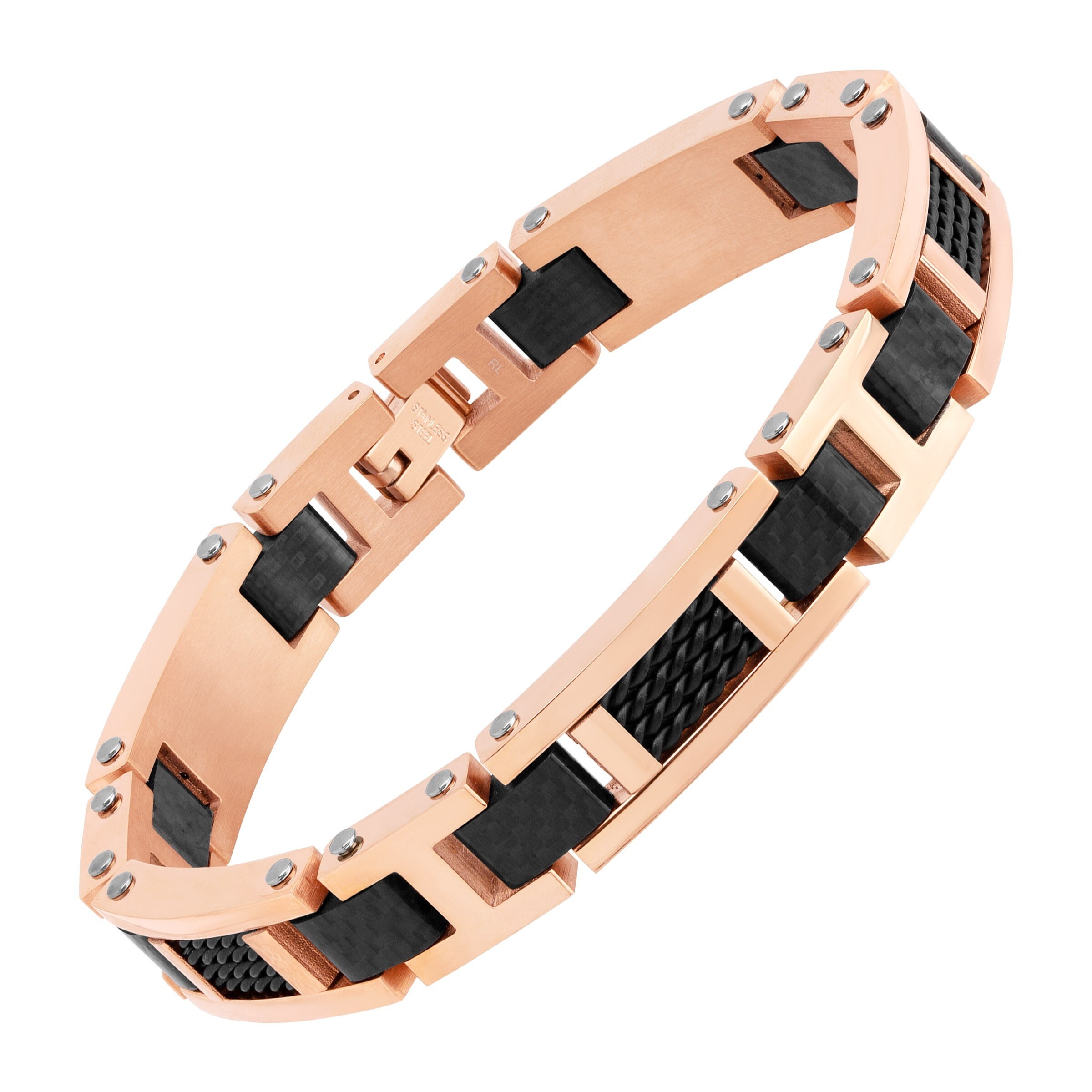 Men S Two Tone Carbon Link Bracelet In Rose Gold Plated Link Bracelet In Rose Gold Plated