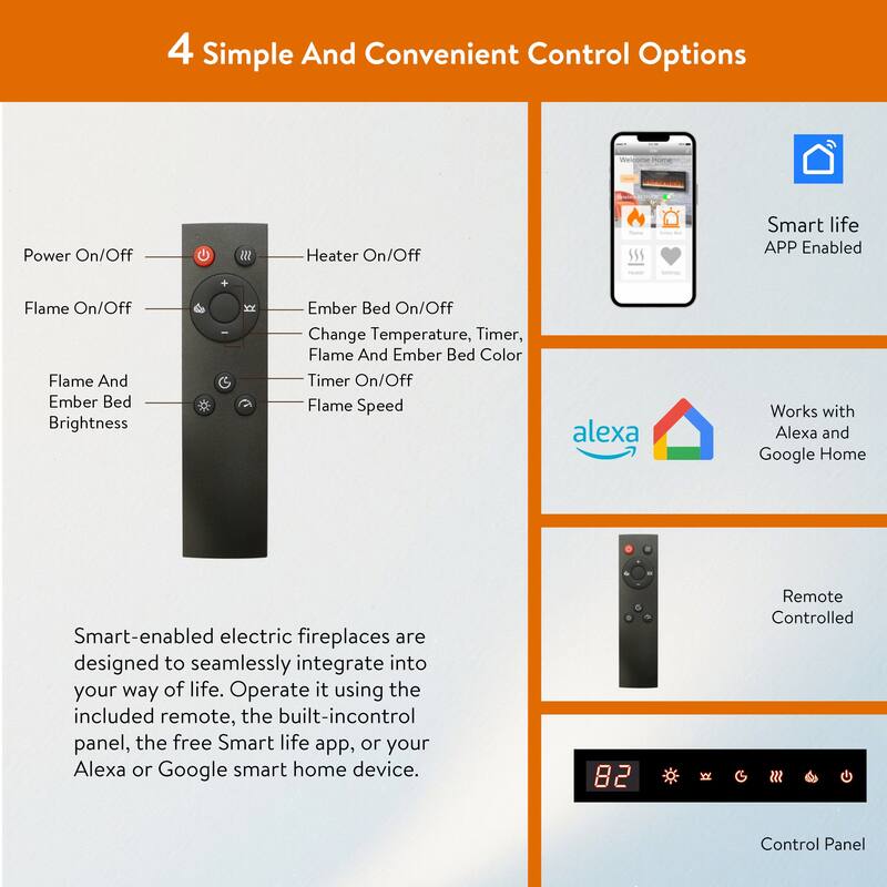 50" Smart WiFi Electric Fireplace, Recessed & Wall-Mount Heater