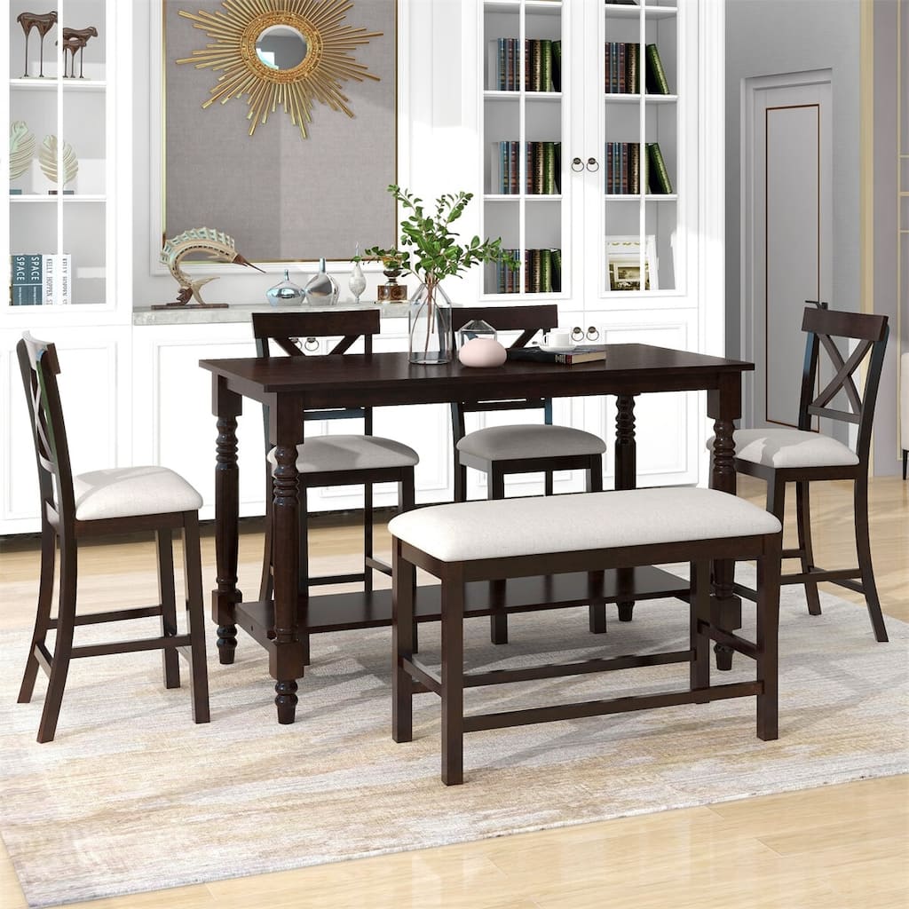 Merax 6-Piece Counter Height Dining Set with Shelf, Upholstered Seat