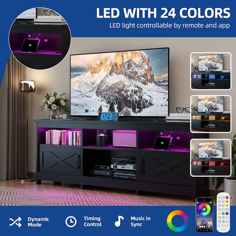 Moasis Farmhouse 70"W TV Stand with LED Lights, Outlets