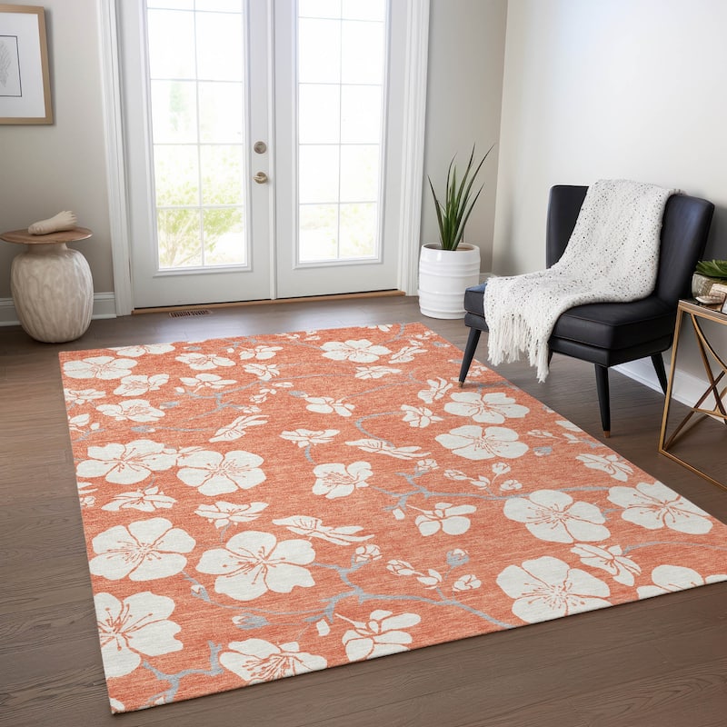 Machine Washable Indoor/ Outdoor Calm Floral Chantille Rug - Coral - 9' x 12'
