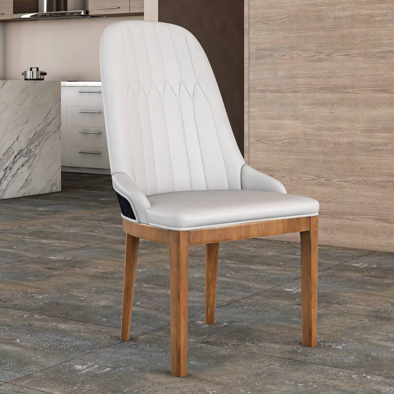 Leather Dining Chair with Rubberwood Legs Set of 2 Side Charis Sleek Diamond Stitching Back