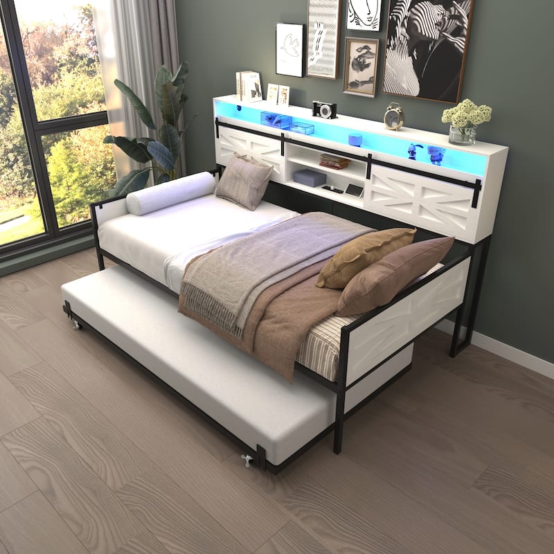 Twin Daybed with Trundle, Farmhouse Daybed Frame with Sliding Barn Door Headboard and Charging Station & LED Light