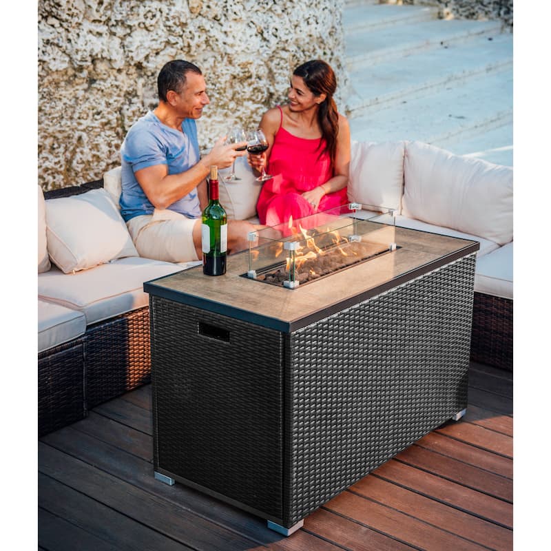 Empyrean Outdoor 43" Wicker Fire Pit Table with Glass Shield