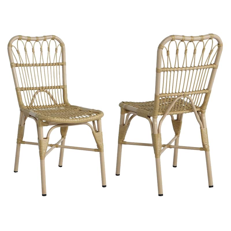 Set of 2 Outdoor PE Wicker and Iron Frame Dining Chairs, No Assembly