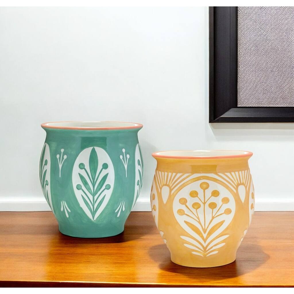 HomeRoots Set of Two Green And Yellow Ceramic 8 Ounce Geo Floral Pot Planters - 6.5' X '7' X '6.5