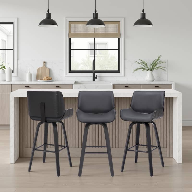Tyler Mid-Century Swivel Bar Stool, Upholstered Counter Height Chair with Bentwood Legs - Set of 3 - Grey & Black - Counter Height