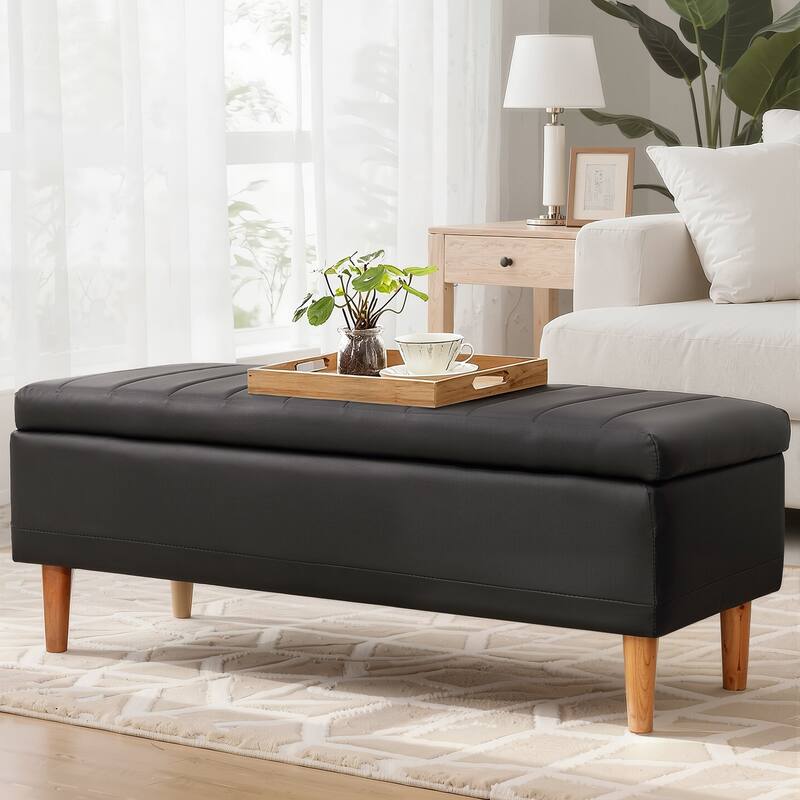 VECELO Black PU Leather Storage Bench 2 Styles with 4-Leg/Angled Legs Multifunctional Ottoman with Hinged Lid for Bedroom - Dark Black