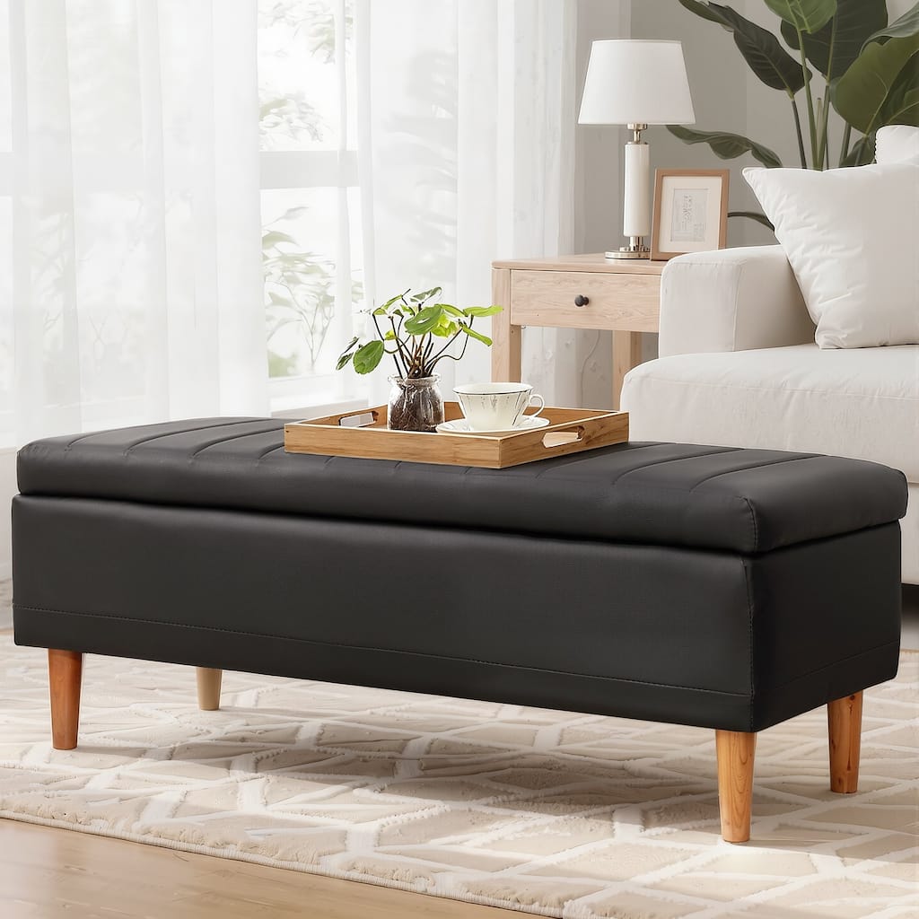 VECELO Black PU Leather Storage Bench 2 Styles with 4-Leg/Angled Legs Multifunctional Ottoman with Hinged Lid for Bedroom