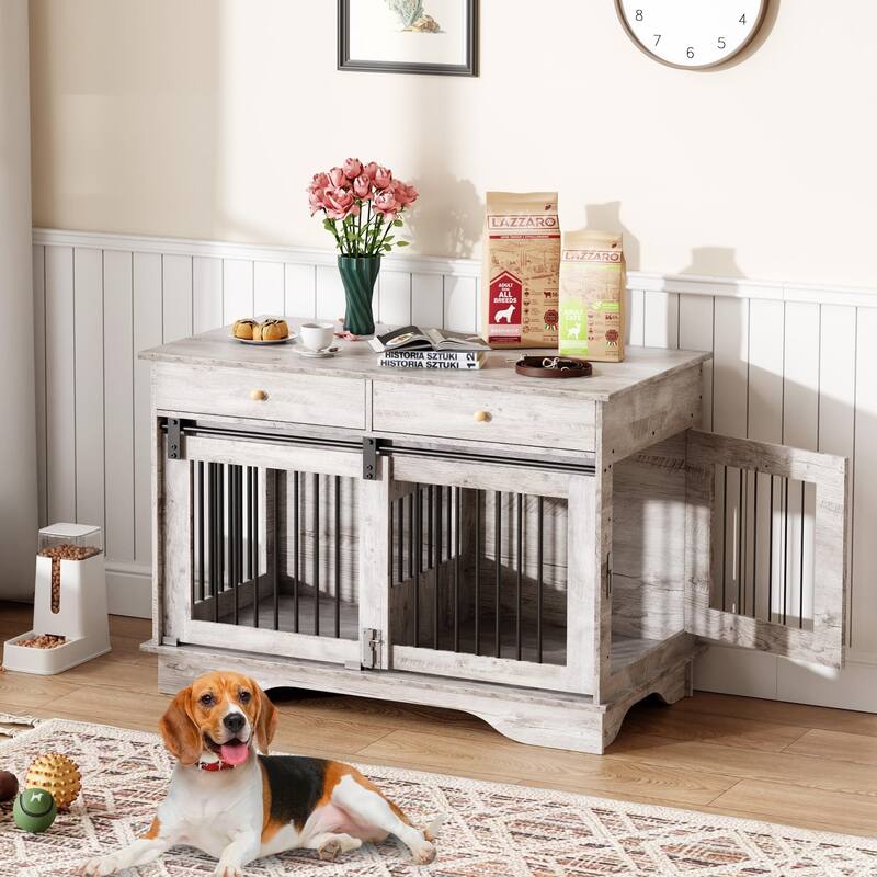 47" Dog Crate Furniture,Dog Crate Table with Drawers & Divider